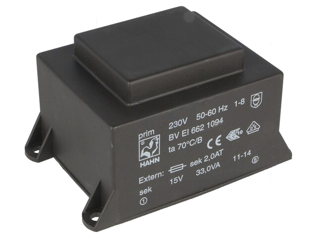Transformator: ingegoten; 33VA; 230VAC; 15V; 2,2A; PCB; BVEI Transformator: ingegoten; 33VA; 230VAC; 15V; 2,2A; PCB; BVEI
